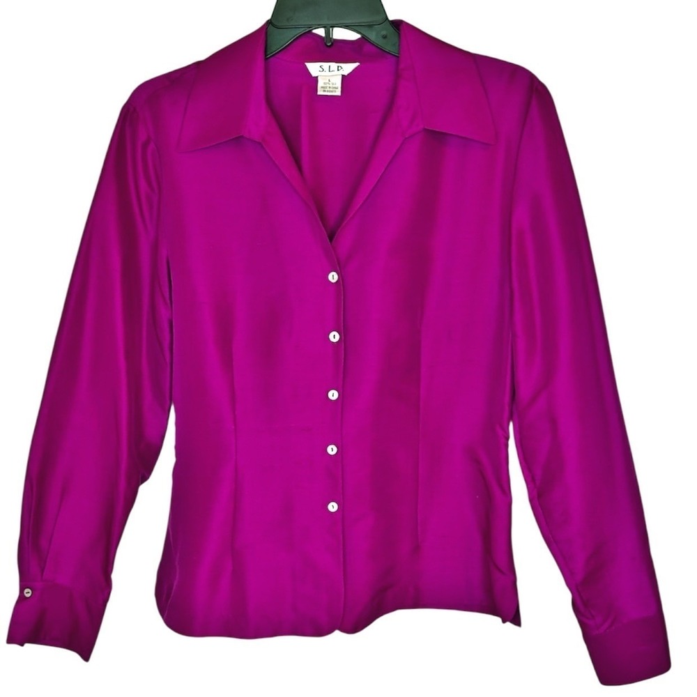 Vintage 90s S.L.B. Silk Blouse Large Fuchsia Pink Button Down Top Quiet Luxury